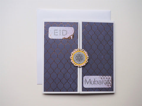 Purple gatefold Eid Mubarak card with gold touches