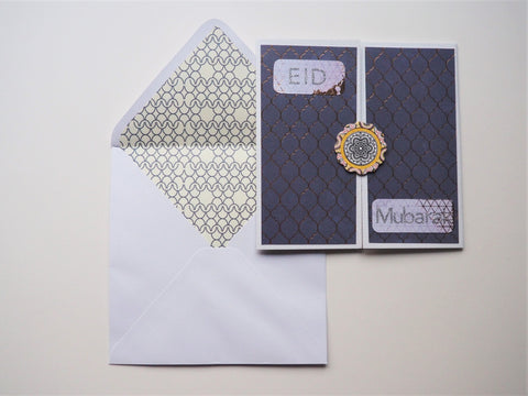 Purple gatefold Eid Mubarak card with gold touches
