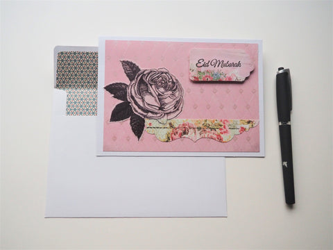 Pretty pink songket Eid Mubarak handmade greeting card