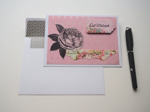 Pretty pink songket Eid Mubarak handmade greeting card