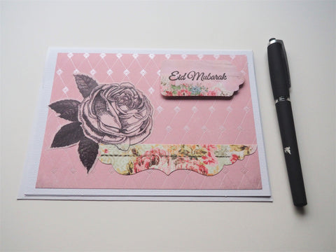 Pretty pink songket Eid Mubarak handmade greeting card