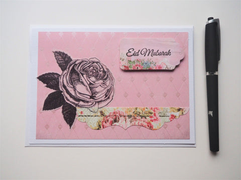 Pretty pink songket Eid Mubarak handmade greeting card