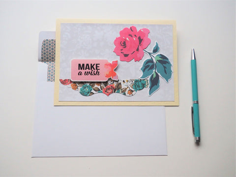 Make A Wish birthday card on cream with a single rose--handmade gift for her