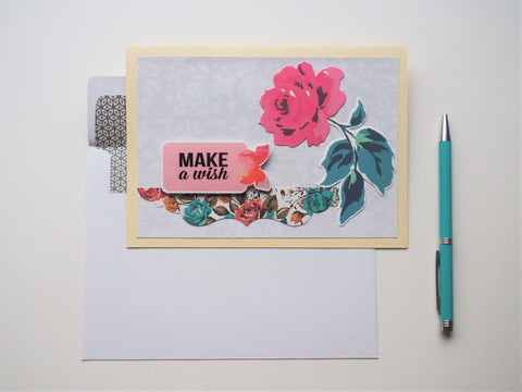 Make A Wish birthday card on cream with a single rose--handmade gift for her