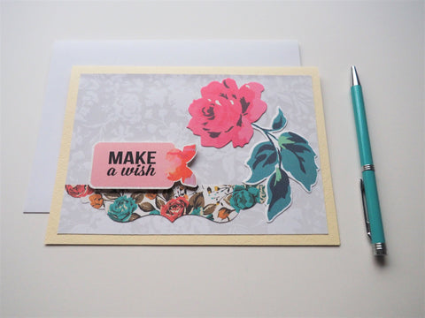 Make A Wish birthday card on cream with a single rose--handmade gift for her