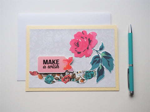 Make A Wish birthday card on cream with a single rose--handmade gift for her