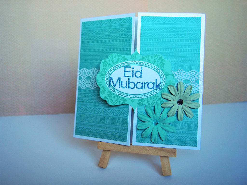 Unique square gatefold Eid Mubarak card in emerald green