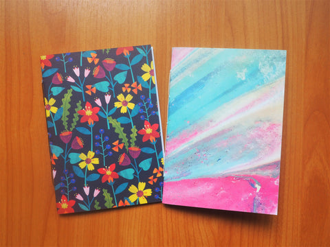 Colourful wildflowers and marbled handbound notebook designs--set of 2, Christmas stocking stuffer for kids