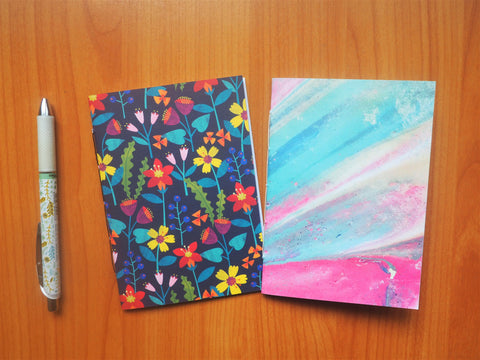 Colourful wildflowers and marbled handbound notebook designs--set of 2, Christmas stocking stuffer for kids