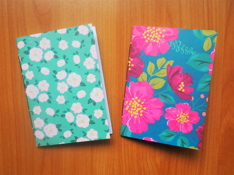 Turquoise and pink blooms handbound notebooks set of 2--birthday gifts for sisters, nature lovers, girlfriends