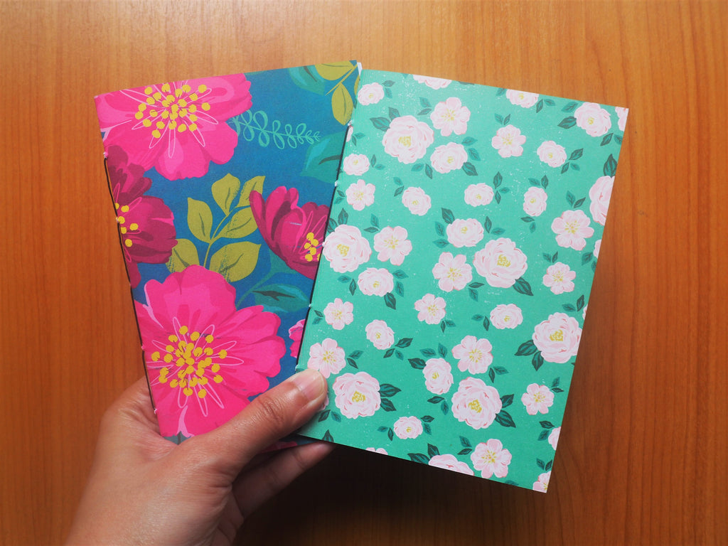 Turquoise and pink blooms handbound notebooks set of 2--birthday gifts for sisters, nature lovers, girlfriends