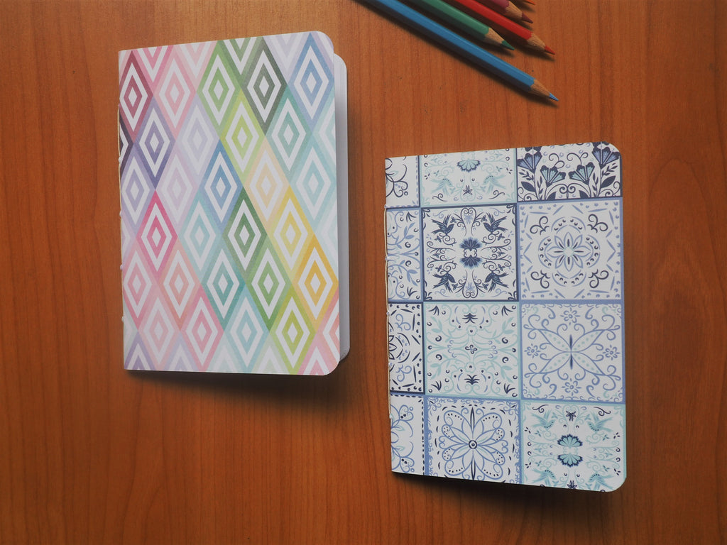 Colourful diamonds and light blue mosaic tiles handbound notebooks set of 2--Christmas stocking stuffers and birthday gifts for kids