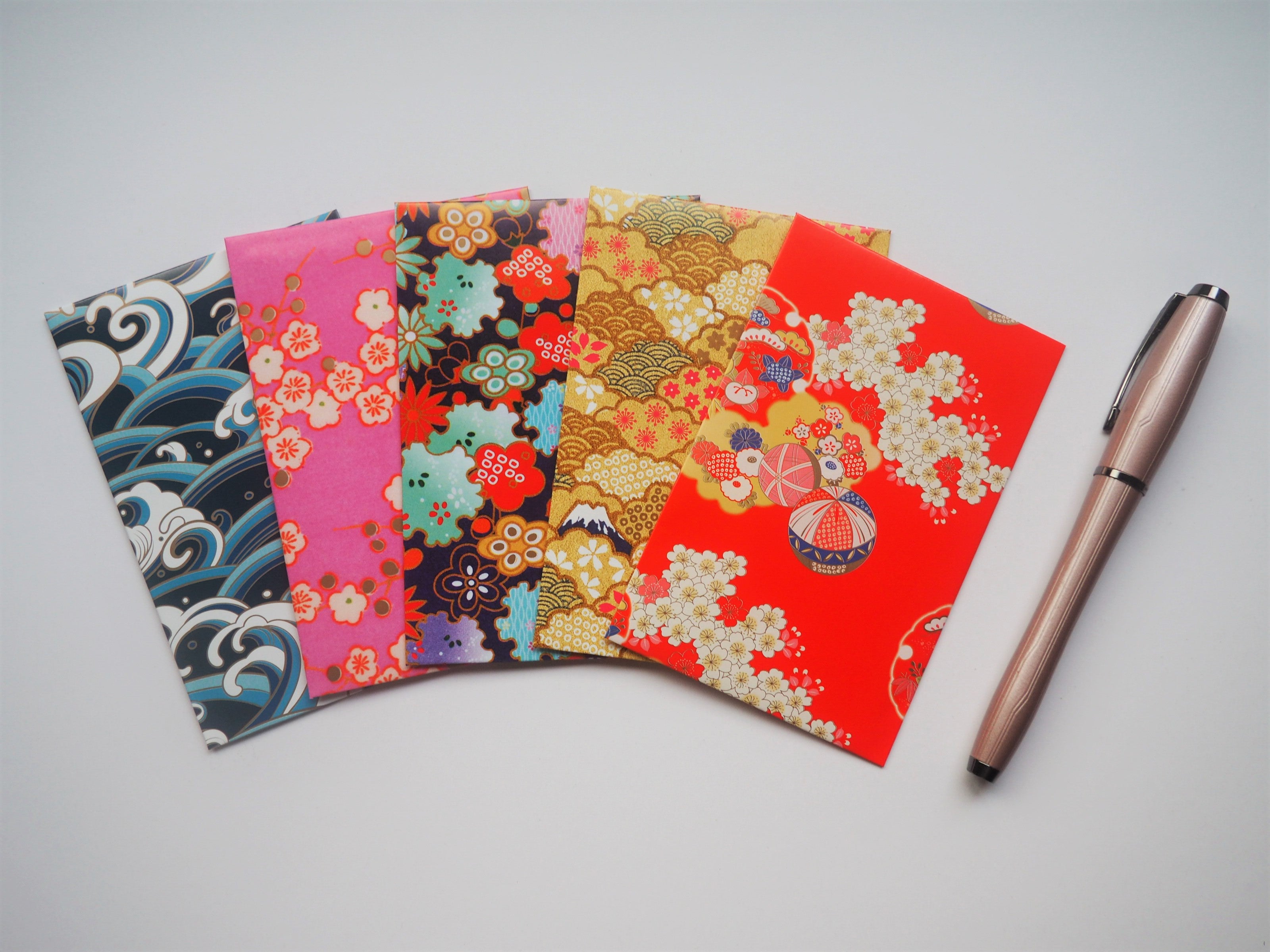 Japanese nature designs on bright washi paper--set of 5 in wide or