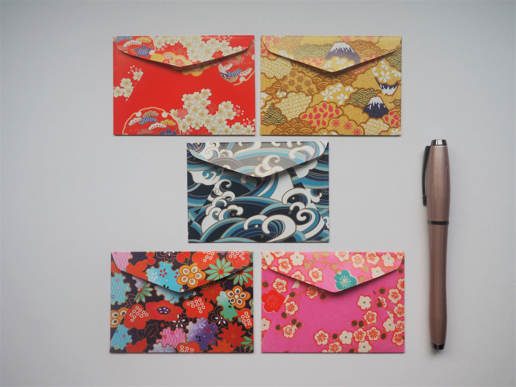 Japanese nature designs on bright washi paper--set of 5 in wide or