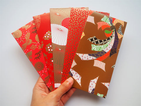 Glossy red and gold Chinese money envelopes for Lunar New Year and Christmas--set of 5 in jumbo and horizontal sizes