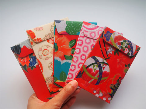 Red Chinese spheres and flowers money envelopes, voucher holders and gift card holders--set of 5 in wide design