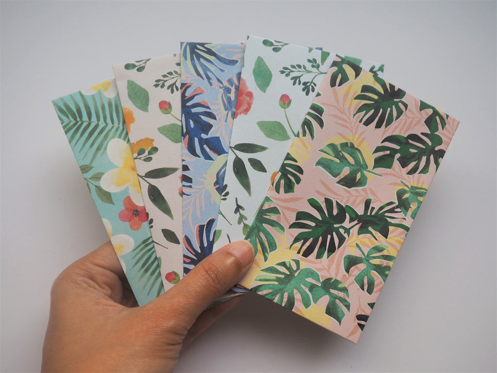 Pastel contemporary botanical money envelopes with ferns and monstera--set of 5 in tall design, for Christmas, CNY and scrapbooking
