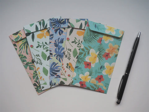 Pastel contemporary botanical money envelopes with ferns and monstera--set of 5 in tall design, for Christmas, CNY and scrapbooking