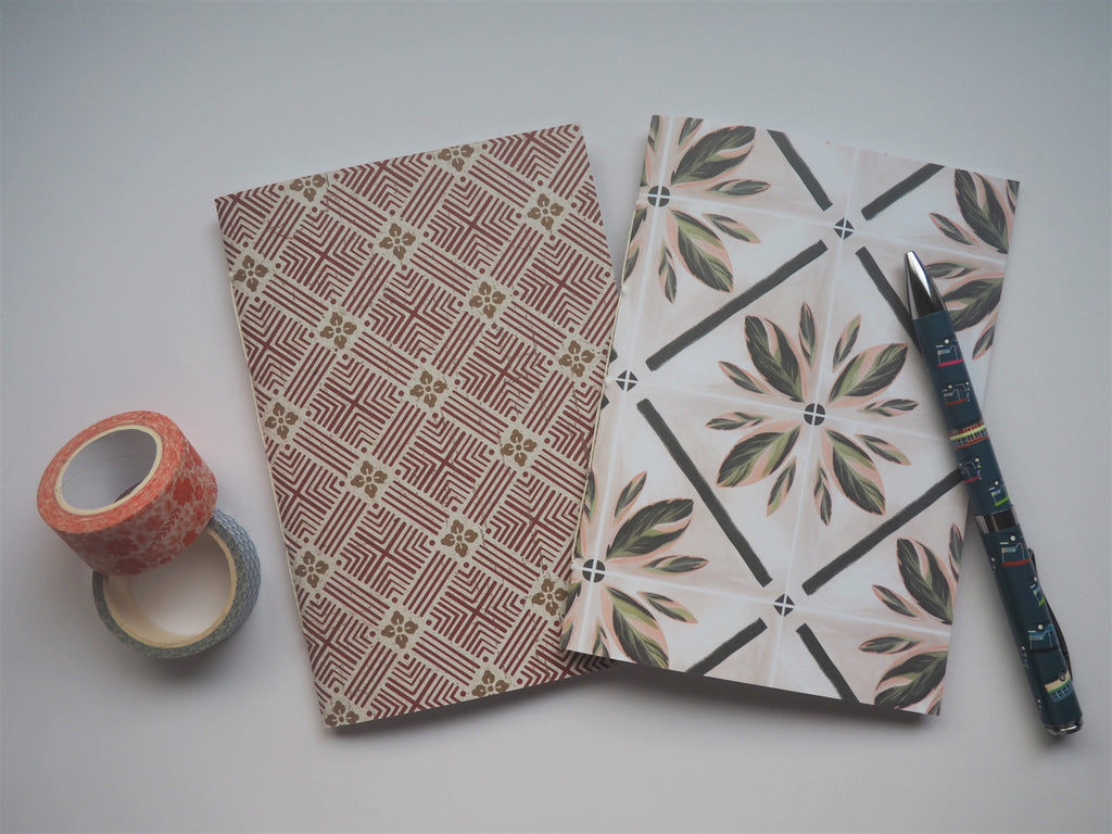 Traditional Asian tiles notebook set in maroon and white--set of 2 for those who love architecture and travel