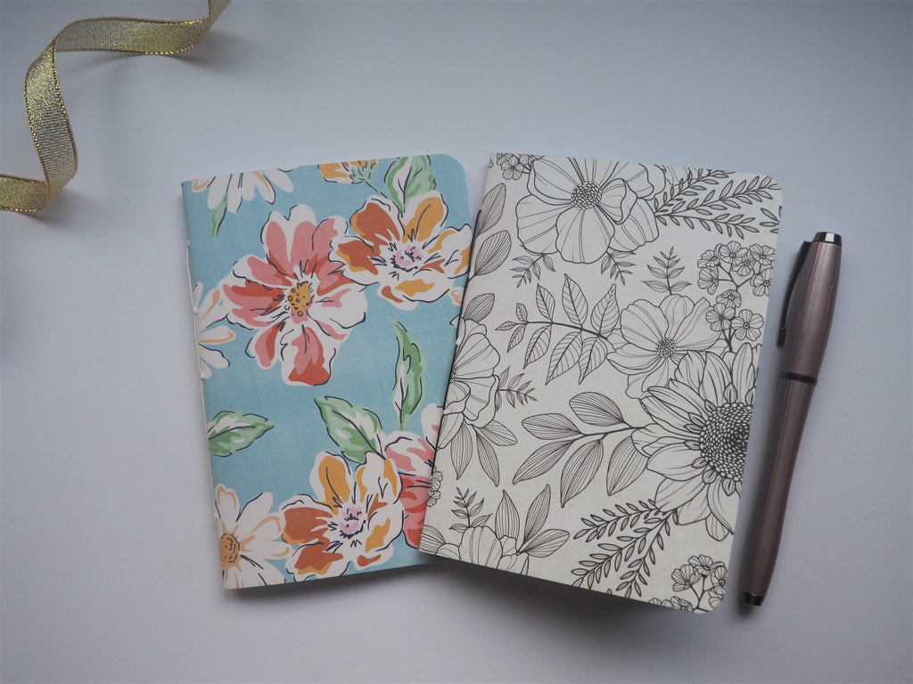 Sketched wildflowers in monochrome and pastel blue--set of 2 notebooks for the flower and nature lovers