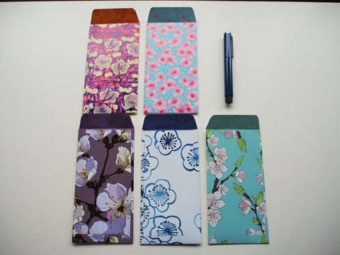 Dainty cherry blossoms with watercolour effect--set of 5 money envelopes in a jumbo size