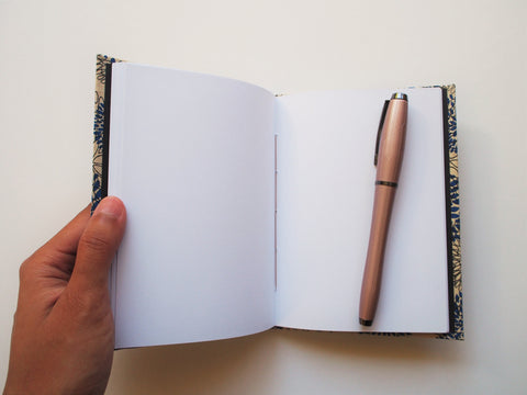 Handbound A6 journals with floral Lokta covers in red, blue or gold | handmade books for sketching, writing, doodling, note-taking