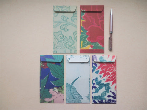 Nature woodblock prints money envelopes in green and red--set of 5 in jumbo size, for Eid, Christmas, birthdays and weddings