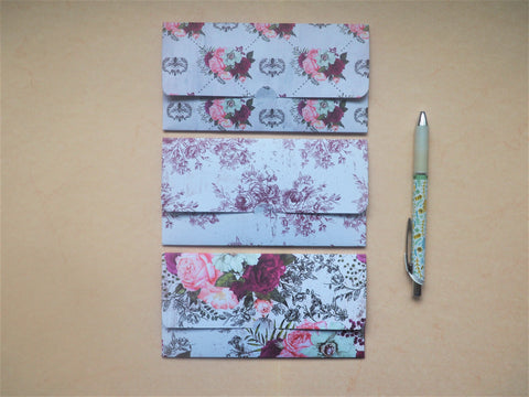 Elegant pink, maroon and white floral long money envelopes--set of 3 for Eid, Lunar New Year, Christmas gifts, weddings