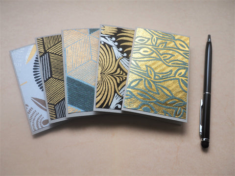 Elegant mini notecards with shiny and textured geometric designs--set of 5 in black, silver and gold, for Eid, Christmas, co-workers