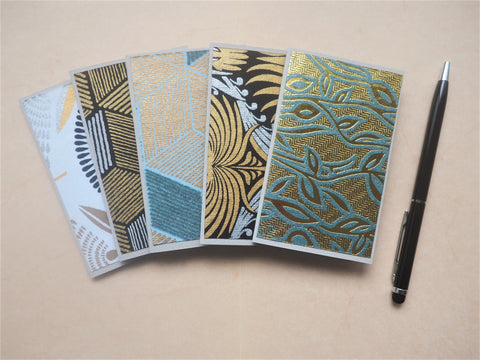 Elegant mini notecards with shiny and textured geometric designs--set of 5 in black, silver and gold, for Eid, Christmas, co-workers