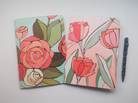 Watercolour tulips and roses A5 notebooks set of 2--for mother and child on Mother's Day, birthdays, Christmas