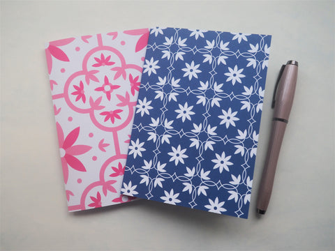 Pink and blue abstract floral tiles notebooks set of 2--for Mother's Day, Christmas, birthdays