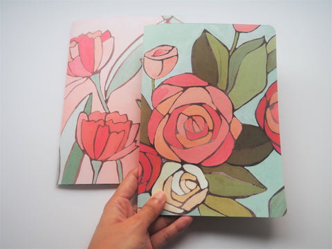 Watercolour tulips and roses A5 notebooks set of 2--for mother and child on Mother's Day, birthdays, Christmas