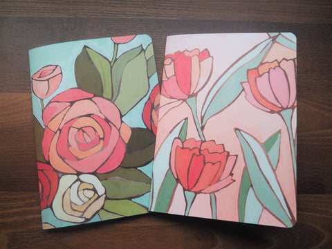 Watercolour tulips and roses A5 notebooks set of 2--for mother and child on Mother's Day, birthdays, Christmas