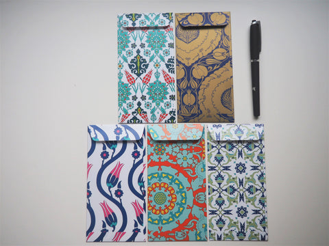 Delicate blue Turkish patterns money envelopes for Eid--set of 5 in jumbo or horizontal design