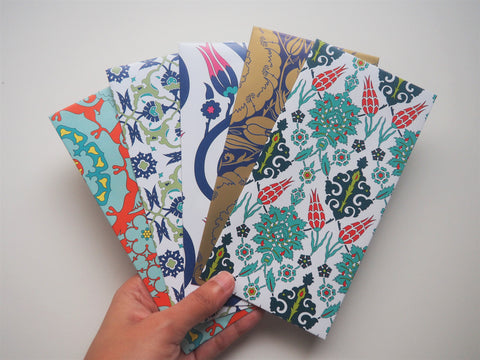 Delicate blue Turkish patterns money envelopes for Eid--set of 5 in jumbo or horizontal design
