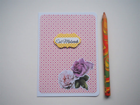 Pink Peranakan tiles Eid Mubarak card with floral embellishments and matching lined envelope