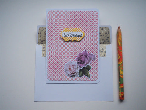 Pink Peranakan tiles Eid Mubarak card with floral embellishments and matching lined envelope