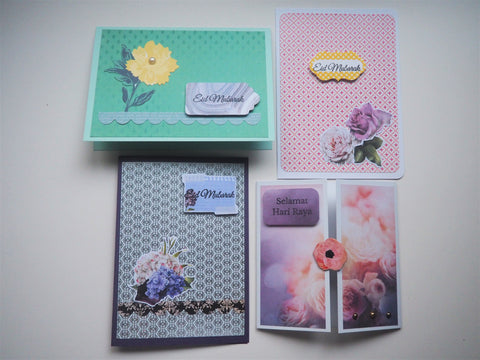 Pink Peranakan tiles Eid Mubarak card with floral embellishments and matching lined envelope