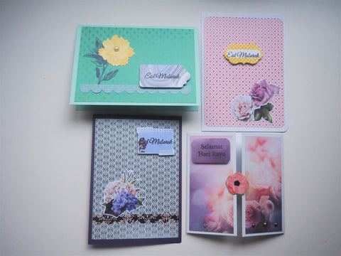 Green Eid Mubarak handmade card with floral detail