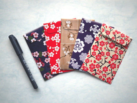 Abstract sakura money envelopes for Eid, Christmas and Chinese New Year--set of 5 handmade envelopes in wide design