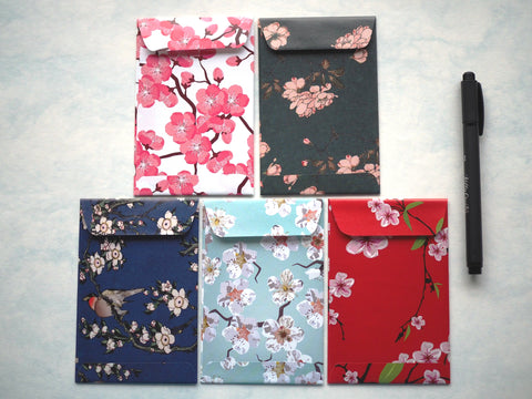 Japanese watercolour sakura money envelopes for Eid--set of 5 in wide design