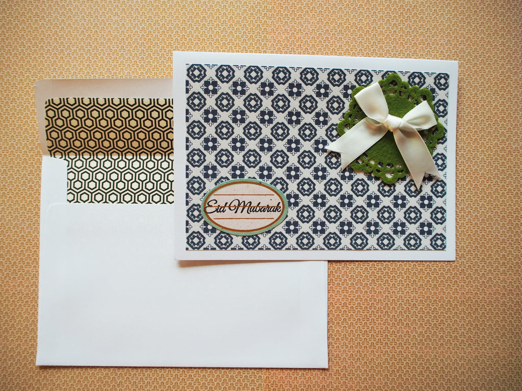 Eid Mubarak dark blue tiles greeting card, Hari Raya, lined envelope