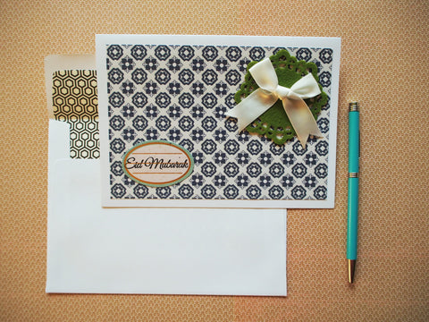 Eid Mubarak dark blue tiles greeting card, Hari Raya, lined envelope
