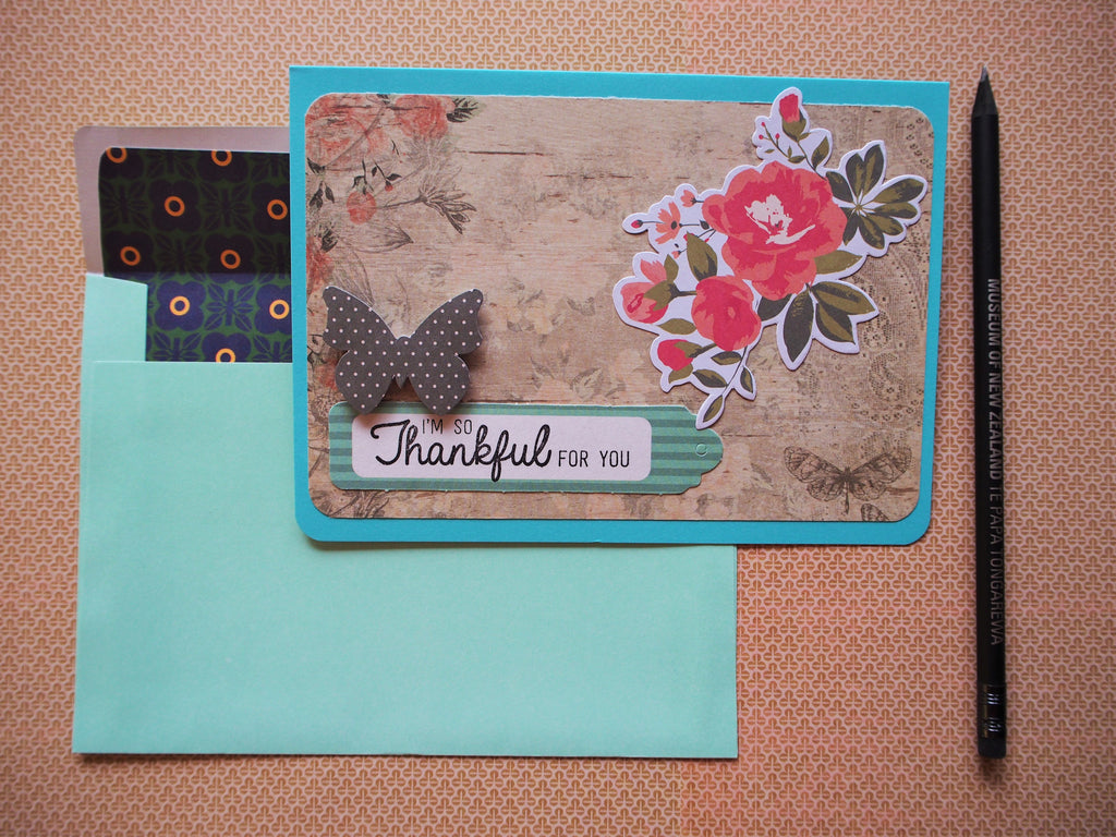 Thankful card in turquoise, light brown and peach with lined envelope