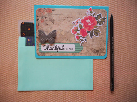 Thankful card in turquoise, light brown and peach with lined envelope