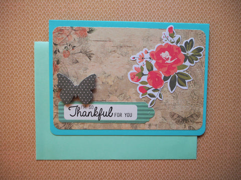 Thankful card in turquoise, light brown and peach with lined envelope