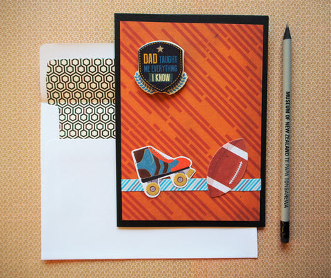 Sporty Father's Dad card in brown, black and blue with matching lined envelope