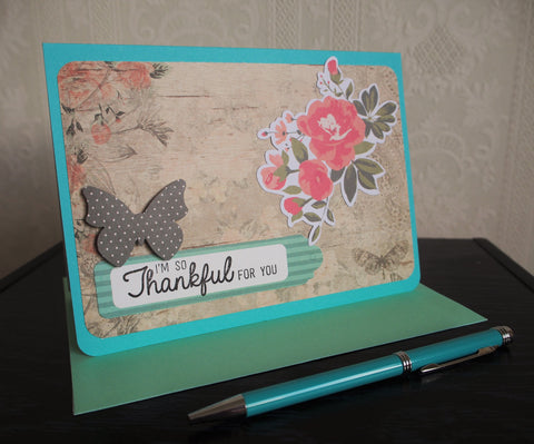Thankful card in turquoise, light brown and peach with lined envelope