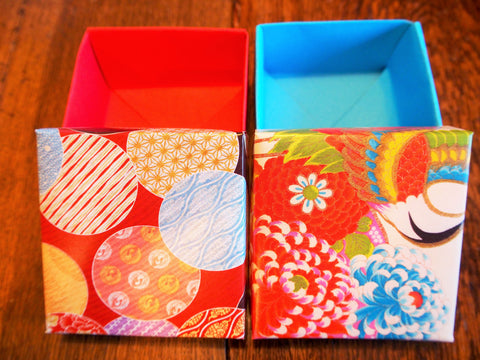 Red and blue floral gift box with lid